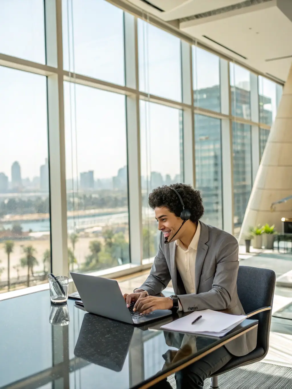 An image of a successful African professional working in an international office setting, highlighting successful placements.